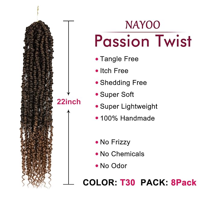 Passion Twist Hair - 8 Packs 22 Inch Passion Twist Crochet Hair For Women, Crochet Pretwisted Curly Hair Passion Twists Synthetic Braiding Hair Extensions (22 Inch 8 Packs, T30)