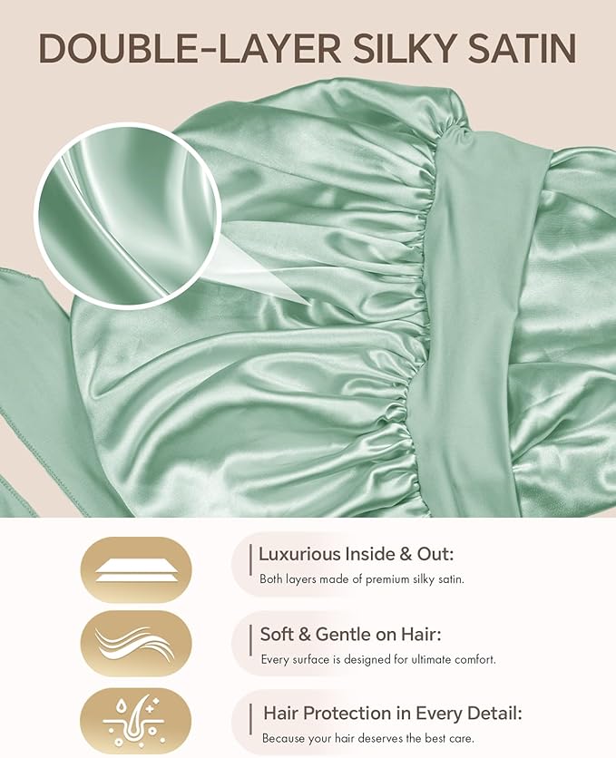 Silk Bonnet for Sleeping Women Double Layer Hyaluronic Acid Satin Bonnet with Adjustable Tie Band Sleep Cap for Curly Hair