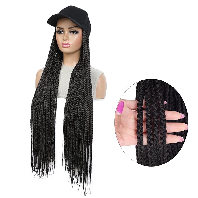 Braided Baseball Cap Wig Box Braid Hair Extensions with Hat Natural Black Color Cap Wig with 30inch Long Synthetic Braiding Hair for Women (30in-natural black)