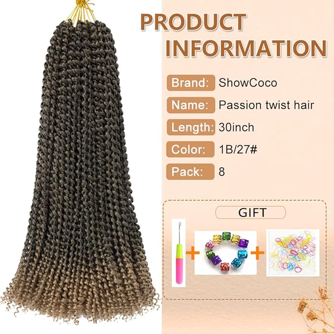 8 Packs Passion Twist Hair Water Wave Synthetic Braids for Passion Twist Crochet Braiding Hair Goddess Locs Long Bohemian Curl Hair Extensions (30 Inch, 1B/27)