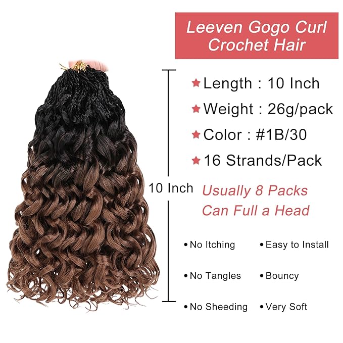 Leeven 10 Inch Pre Looped Gogo Curl Crochet Hair 8 Packs Black to Brown 2 Tone Short Curly Crochet Hair Ocean Wave Crochet Braids Deep Twist Boho Braids Synthetic Hair for Women