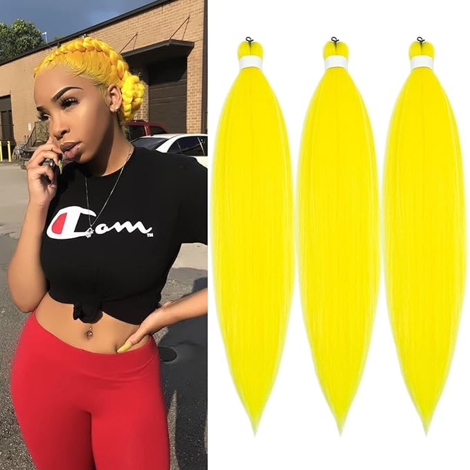Yellow Braiding Hair Pre Stretched 26 Inch Long Prestretched Prestressed Braiding Hair Synthetic Fake Colored Hair Extensions for Box Braids Twist Crochet Hair (Yellow Braids 3 Packs)