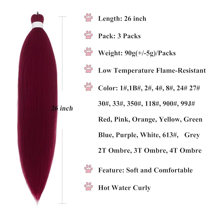 Red Burgundy Braiding Hair Pre Stretched Prestretched Braiding Hair 26 inch Kids Hypoallergenic Micro Synthetic Colored Hair Extensions for Braids