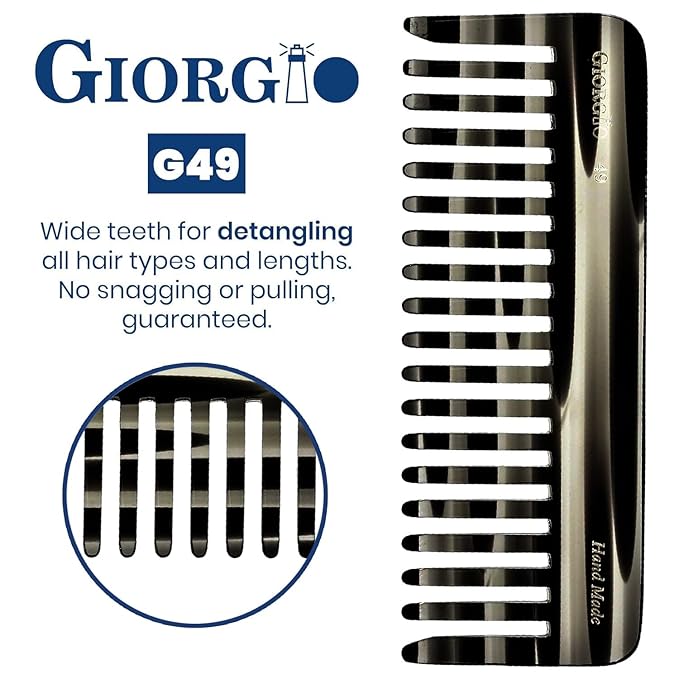 Giorgio G49 Graphite Large 5.75 Inch Hair Detangling Comb, Wide Teeth for Thick Curly Wavy Hair. Long Hairs Detangler Comb For Wet and Dry. Handmade of Quality Cellulose, Saw-Cut, Hand Polished