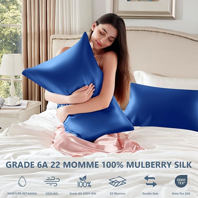 Silk Pillow Cases Standard Size 100% Mulberry Silk Pillowcase for Hair & Skin Inches 22 Momme Both Sided Grade 6A Silk Cooling Soft Breathable 20 x 26 with Hidden Zipper 1PC, Royal Blue