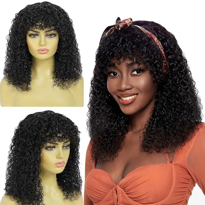 Curly Wig Human Hair With Bangs Real Human Hair Wigs For Women Wet And Wavy Wig Upgrade 2x4 HD Lace Curly Deep Wave Glueless Wigs Black Color 14inch
