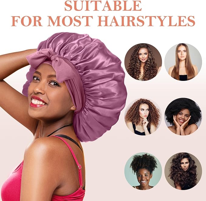 3Pcs Bonnets for Sleeping, Extra Satin Silk Bonnet for Sleeping Women with Tie Band for Curly Hair Jumbo Bonnet Braids