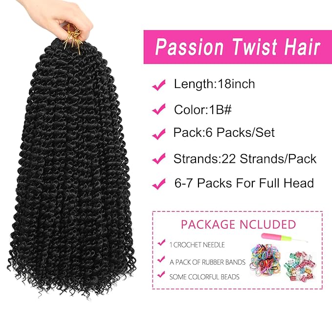 Ubeleco Passion Twist Hair 18 Inch 132 Strands Full Head Water Wave Crochet Hair Long Curly Braiding Hair Spring Twist Crochet Braids Hair Extensions for Black Women(18inch,1B)