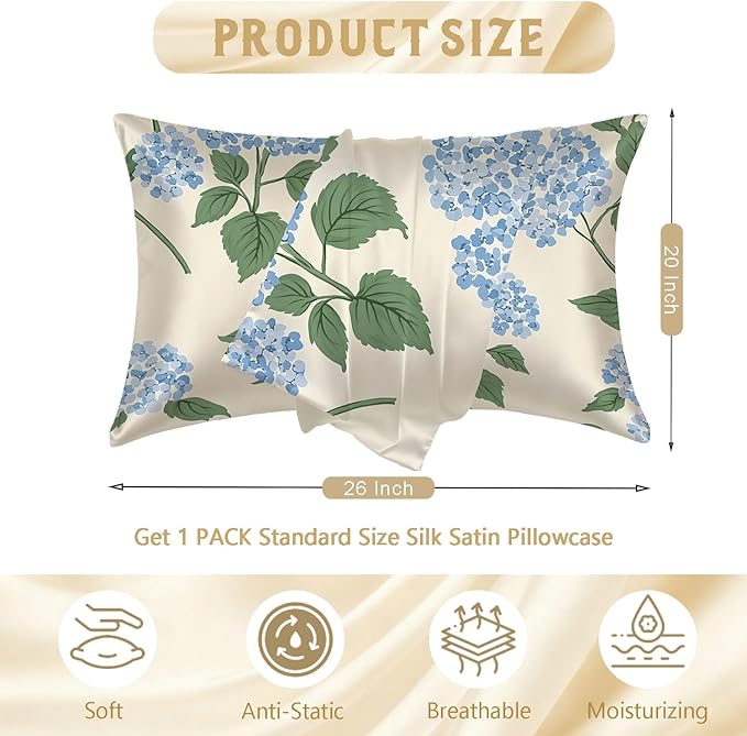 Silk Pillowcase for Hair and Skin Blue Hydrangea Flowers and Leaves Satin Pillowcase Standard Size with Zipper Silky Soft Cooling Satin Pillowcase Sleeping for Women 20"x26"