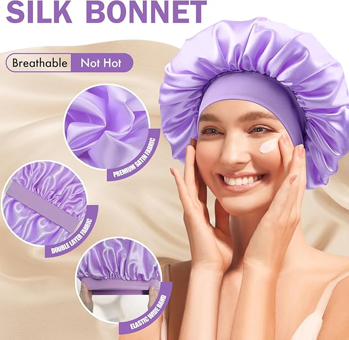 Satin Silk Bonnet for Sleeping, Double Layer Silk Sleep Cap for Men & Women, Soft Satin Lined Bonnet for Curly Hair