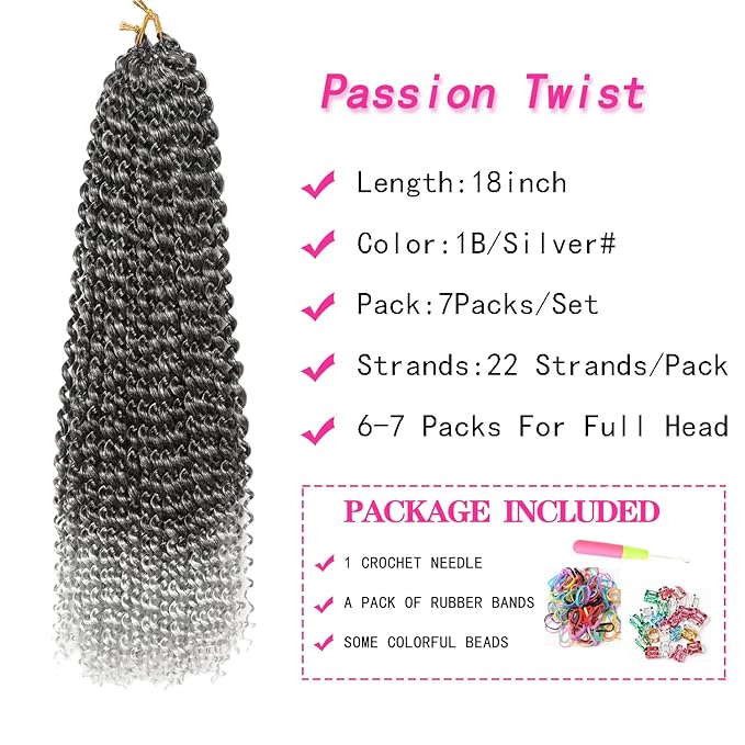 18 Inch Passion Twist Hair, Ombre Silver Water Wave Crochet Hair Passion Twist Crochet Hair for Women Long Bohemian Synthetic Curly Braiding Hair Extensions Passion Twist Braiding Hair (7pcs,1B/Gray)
