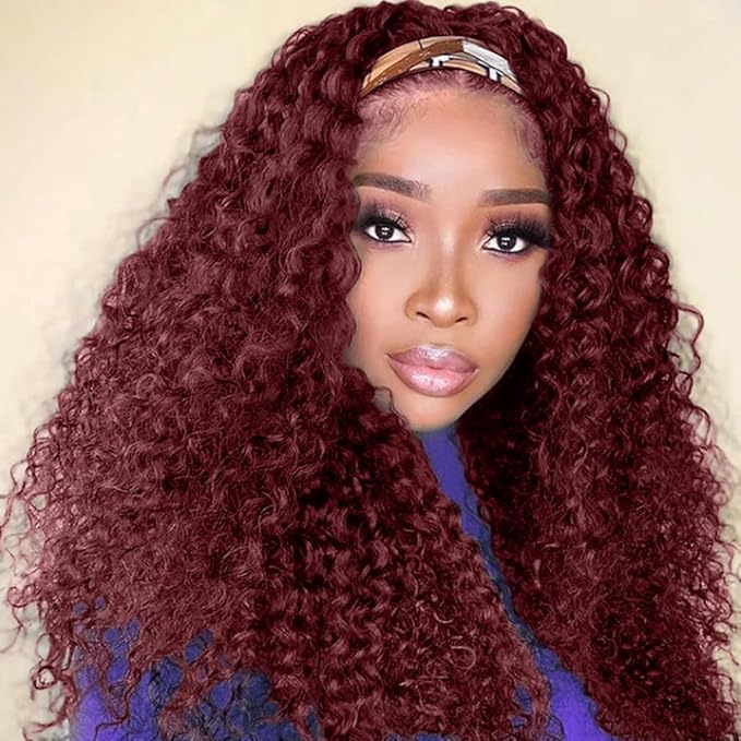 XSY Headband Wig Human Hair Kinky Curly 99J Burgundy Headband Wigs for Black Women Deep Curly Human Hair Wigs None Lace Front Wig 150% Density 24 Inch