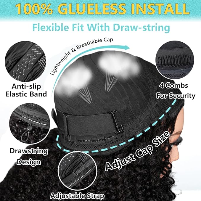 Kinky Curly Half Wig Human Hair 200 Density 3 In 1 Drawstring Seamless Flip Half Wigs Wear Go Glueless Wigs Human Hair 18 Inch Curly Half Wig for Women Drawstring Headband Wig Beginner Friendly