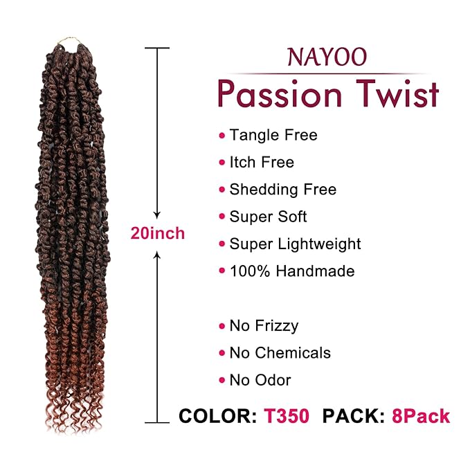 Passion Twist Hair - 8 Packs 20 Inch Passion Twist Crochet Hair For Women, Crochet Pretwisted Curly Hair Passion Twists Synthetic Braiding Hair Extensions (20 Inch 8 Packs, T350)
