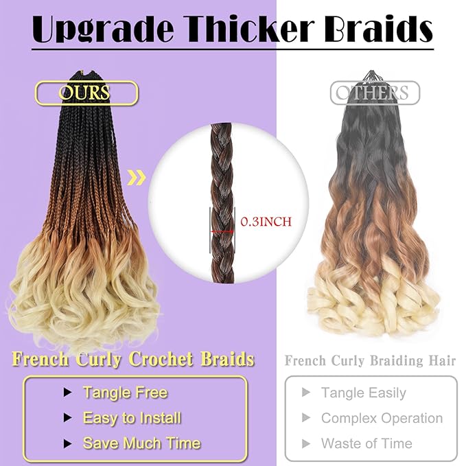 French Curl Crochet Braids 18 Inch 8 Packs Goddess Box Braids Crochet Hair for Women Pre Looped Crochet Box Braid with Curly Ends Synthetic French Curly Braiding Hair Extensions (1B/30/613)