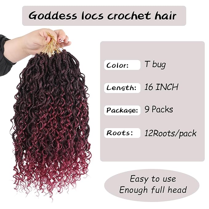 Goddess Locs Crochet Hair,Vemet 16 Inch 9 Packs Synthetic Faux Locs Crochet Hair for Black Women,River Locs Hair Extensions Boho Style Pre looped Faux Locs with Curly Ends