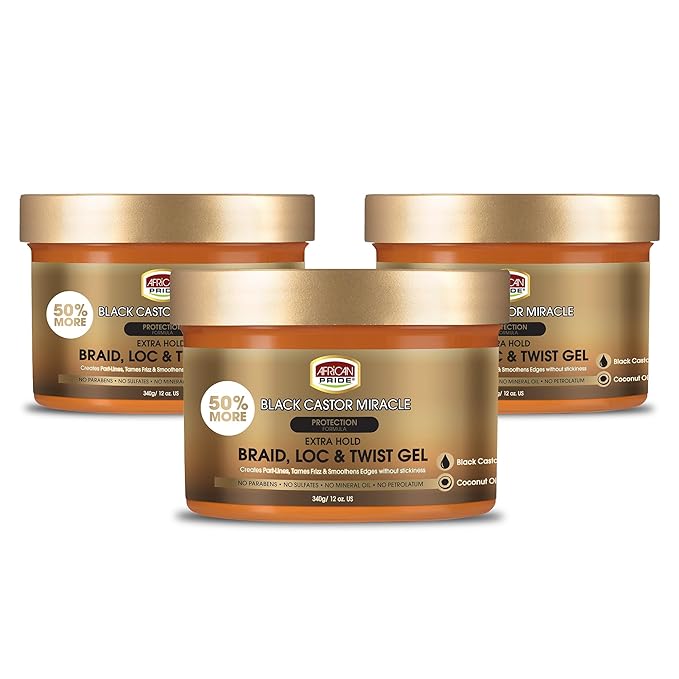African Pride Black Castor Miracle Extra Hold Braid, Loc, Twist Gel (3 Pack) - Braiding Hair Gel, Edge Control & Tames Frizz, No Flake | Natural Ingredients, Black Castor & Coconut Oil | 12oz