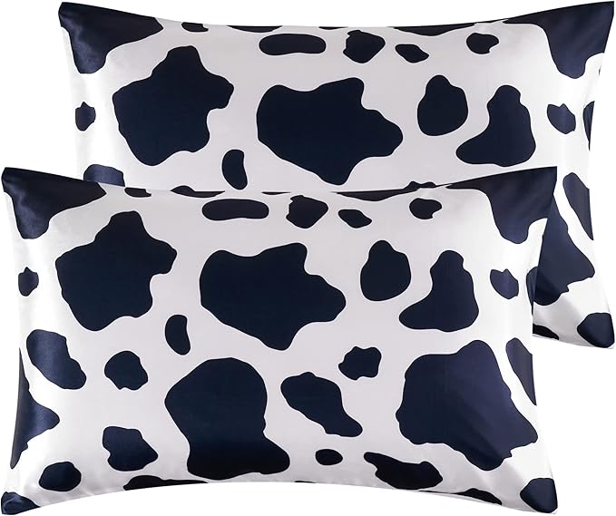 Satin Pillowcase for Hair and Skin, Cow Print Pillow Cases 2 Pack King Satin Pillowcase Set of 2 Cooling Silky Cow Pillowcase with Envelope Closure (20x36 inches, Black and White)