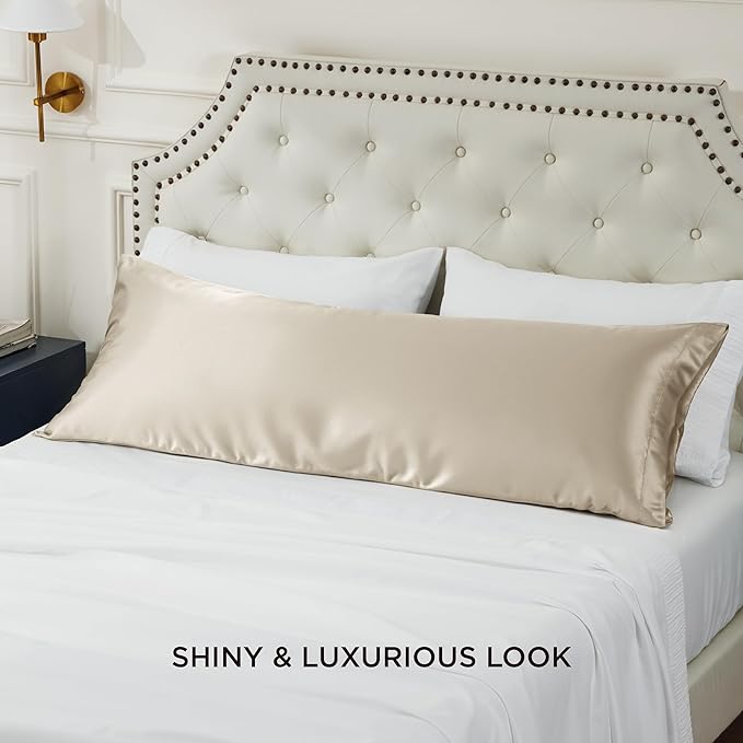Bedsure Body Pillow Cover 20x54 Inches - Khaki Satin Similar to Silk Pillowcase for Hair and Skin, Cooling and Silky Long Body Pillow Pillowcase with Envelope Closure, Gifts for Women Men