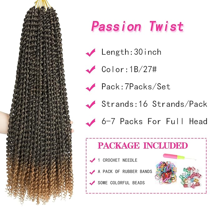 Ubeleco 30 Inch Passion Twist Hair, Water Wave Crochet Hair Ombre Blond Passion Twist Crochet Hair for Women Long Bohemian Passion Twists Curly Braiding Hair Extensions (30in (Pack of 7),1B/27)