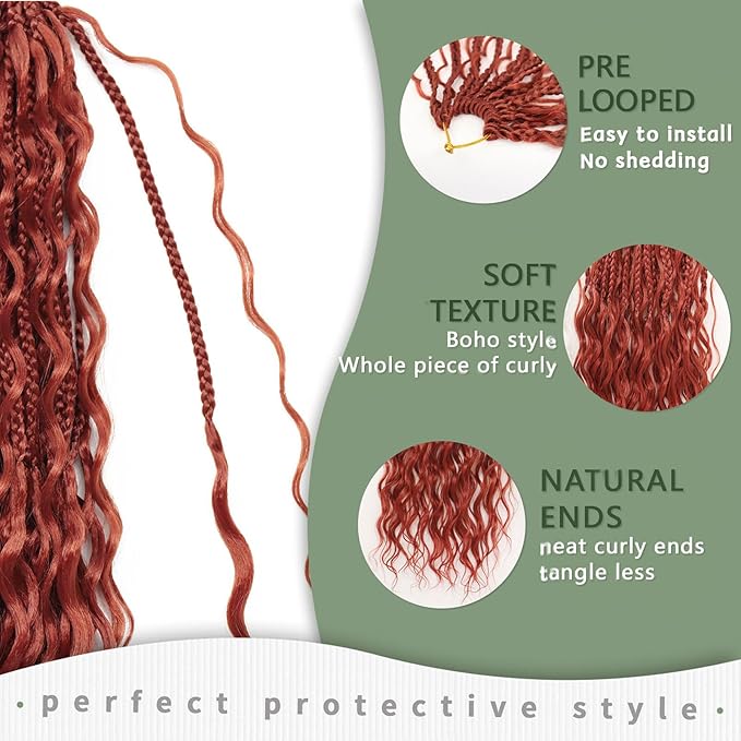 Reddish Brown Goddess Box Braids Crochet Hair 24 Inch 7 Packs Boho Crochet Braids Pre Looped Bohemian Gypsy Braids Crochet Hair for Women Braiding Hair Extensions