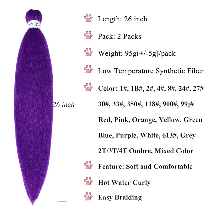 Long Purple Braiding Hair Pre Stretched kids Purple Hair Extensions for Braids, 26 inch Synthetic Braiding hair for Stage Party Halloween Costume Cosplay Crochet Non Toxic Prestretched Braiding Hair