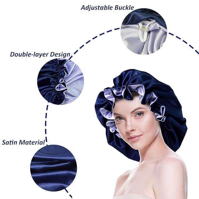 Silk Bonnet for Sleeping Satin Bonnets Double Layer Reversible Hair Cap Bonnet for Women Long Curly Braid Hair (Navy)