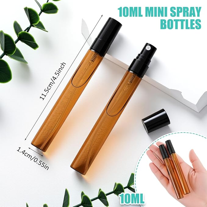 Zhehao 25 Pcs Mini Spray Bottles 10 ml Clear Glass Perfume Bottles Refillable Fine Mist Perfume Atomizer Portable Empty Sample Containers for Cleaning, Essential Oils, Travel (Amber)