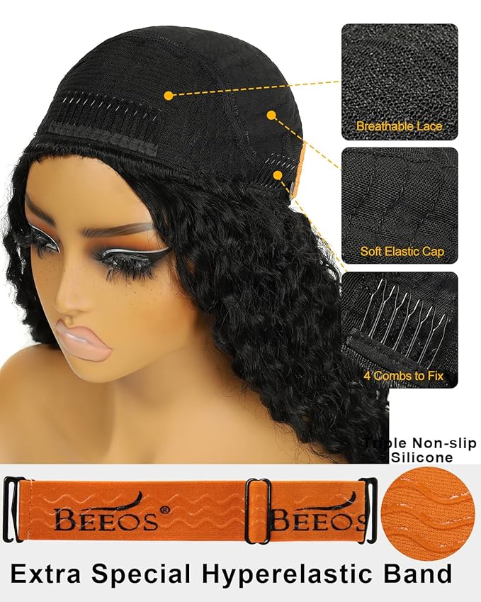BEEOS Curly Half Wig Human Hair, 180% Density 3 In 1 Drawstring Glueless Wigs for Women, Seamless Flip Over Non-Slip True to Length 22 Inch