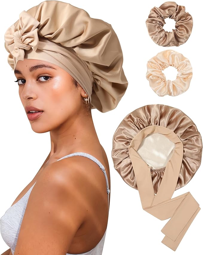 Reversible Satin Bonnet for Sleeping Women Double Layer Hair Bonnet with 2PCS Hair Scrunchies Elastic Tie Band Night Cap