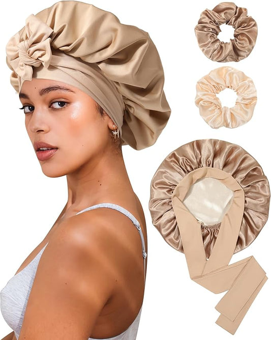 Reversible Satin Bonnet for Sleeping Women Double Layer Hair Bonnet with 2PCS Hair Scrunchies Elastic Tie Band Night Cap