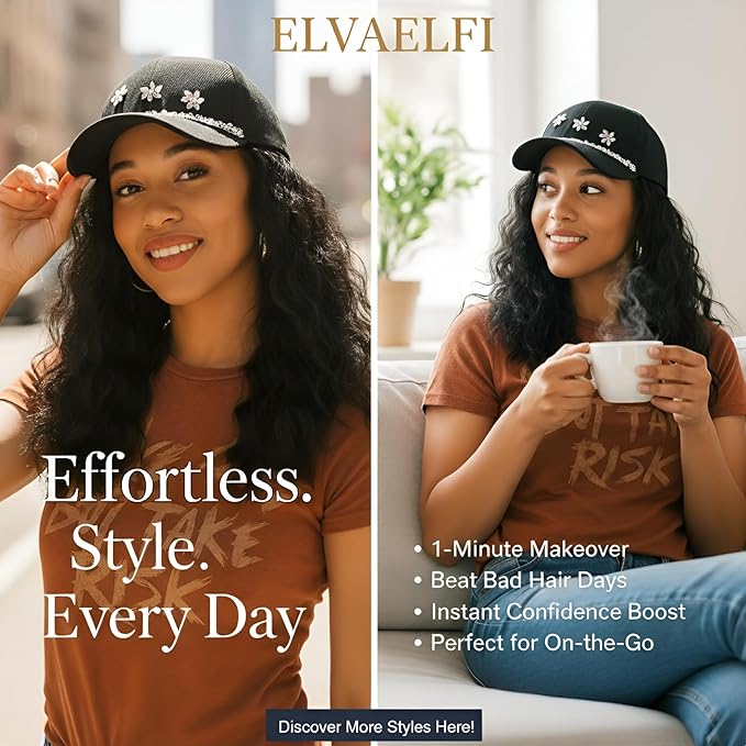 14-Inch Curly Hat Wigs for Women, Synthetic Water Wave Black Hair Wig, Baseball Cap with Hair Extensions