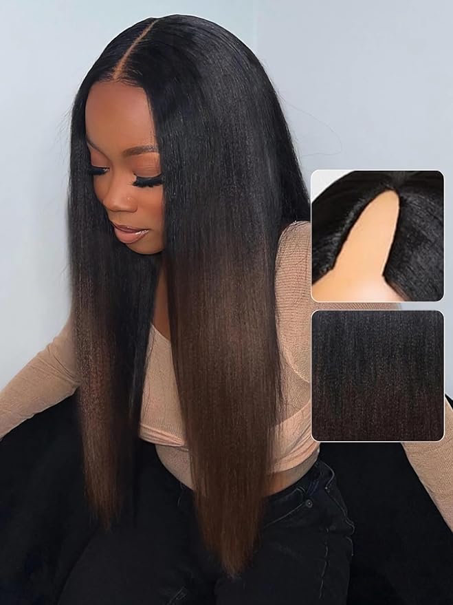 Julia Hair V Part Yaki Glueless Human Hair Wig Seamless Edge Clip in Half Wig Vpart Wigs No Sew in No Glue Ombre Chestnut Brown Upgrade U Part No Leave Out Beginner Friendly 22 Inch