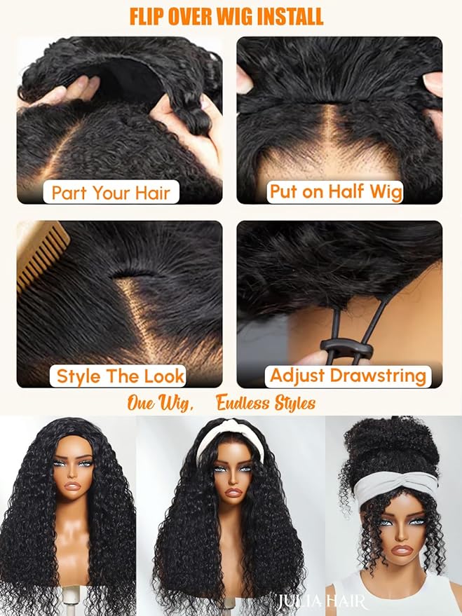 Julia Hair Glueless Half Drawstring Wig Human Hair Water Wave Blend Secure Wear and Go 12A Clip in Half Wig Wear with or Without Headband Wigs Human Hair for Women Beginner Friendly 18 Inch