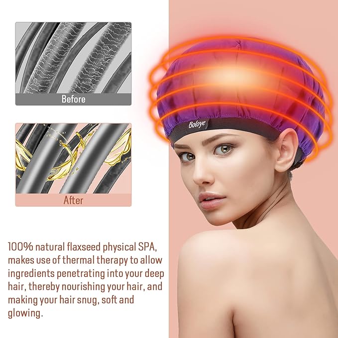 Flaxseed Deep Conditioning Heat Cap - Boloye Cordless 100% Safe Microwave Hot Cap for Natural Curly Textured Hair Care, Drying, Styling, Curling, Universal size (10 PCS One-time shower cap) (Purple)