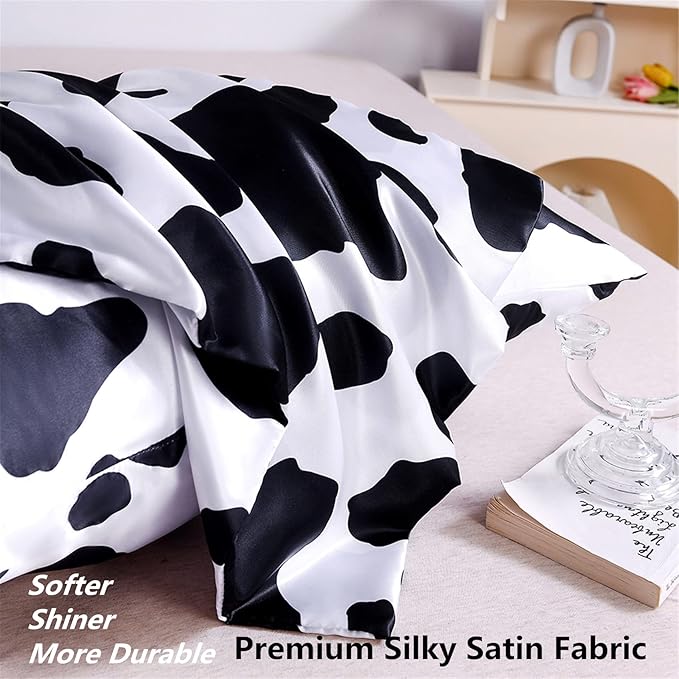 Satin Pillowcase for Hair and Skin Cow Print Silk Satin Pillowcase 2 Pack Standard Size Pillow Cases Set of 2 Cooling Silky Pillow Cover with Envelope Closure (20x26 inches, Cow)