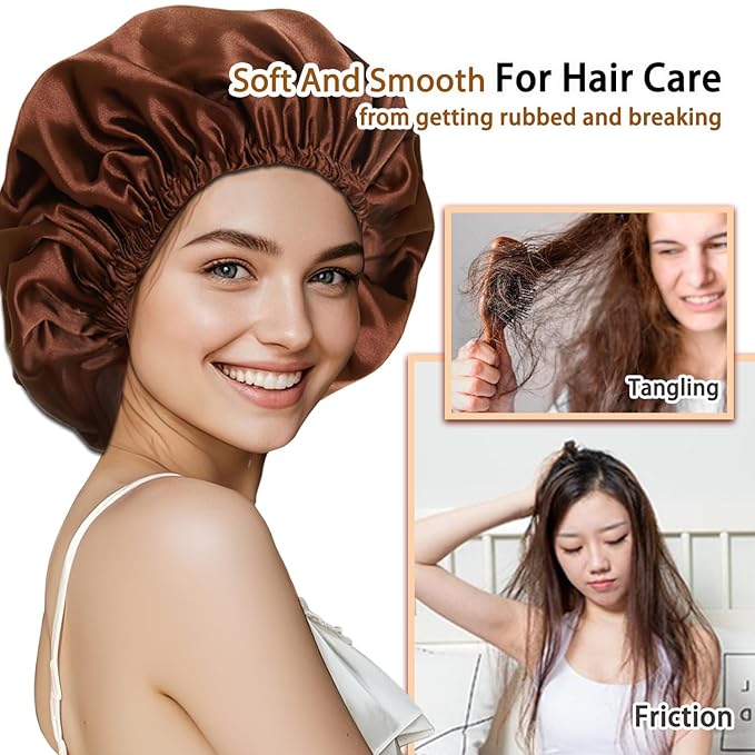 Satin Bonnet for Women,Double Layer Adjustable Sleep Cap, Soft and Silk Hair Bonnet for Curly Hair Protection, 2 Pack (Black & Brown)