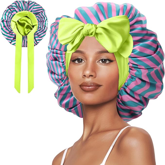 Double Layer Silk Bonnet with Tie Satin Lined Sleep Cap Hair Cover for Women's Curly Natural Hair