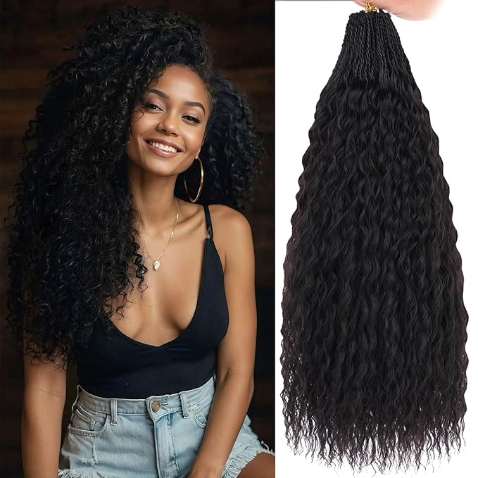 Xtrend Pre Looped Brazilian Micro Kinky Curly Crochet Hair 8 Packs 30 Inch Black Water Wave Micro Curly Braiding Hair Extensions Synthetic Deep Wave For Mini Senegalese Twist Hair (30Strands/Pack，1B#)