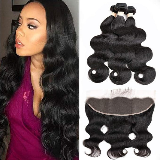 Body Wave 3 Bundles with Frontal Human Hair Bundles with Lace Frontal (18 20 22+18, Natural Black) Brazilian Body Wave Hair Virgin Hair Ear to Ear 13x4 Frontal Natural Black