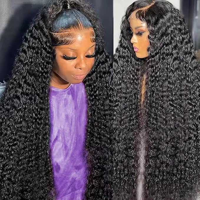 13x6 Deep Curly Lace Front Wigs Human Hair Pre Plucked Deep Wave Lace Frontal Wig Wet and Wavy Wigs for Black Women Natural Black Color 210% Density 22Inch