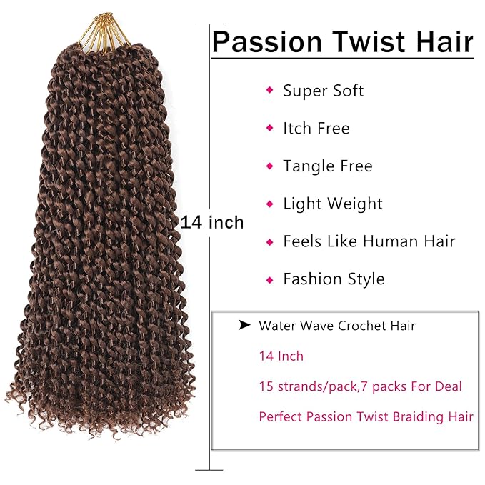 Brown Passion Twist Hair,14 Inch 7 Packs Water Wave Crochet Hair Passion Twist Braiding Hair For Wrap Passion Twist Crochet Hair/Butterfly Locs/Spring Twist Crochet Hair Braids (14in,7pcs,30#)