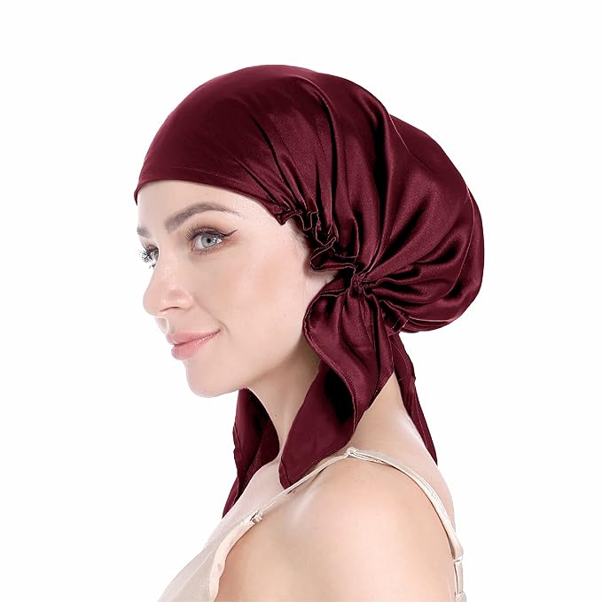 SissiLita 100% Silk Bonnet for Sleeping With Tie Band, Large Sleep Cap for Curly Hair, Wrap for Hair Care (Dark Red)