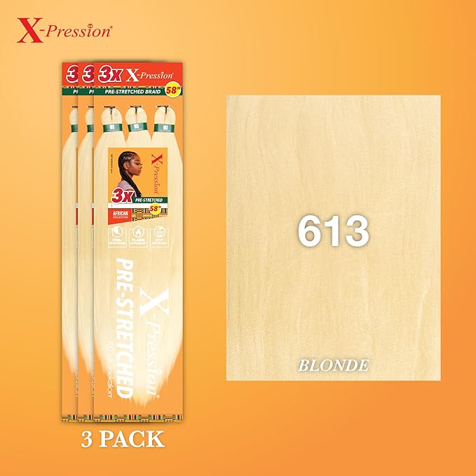 Sensationnel X-pression prestretched braiding hair - 3x braid 58 inch all kanekalon flame retardant synthetic braid for box braids and twists (3 pack, 613 BLONDE)