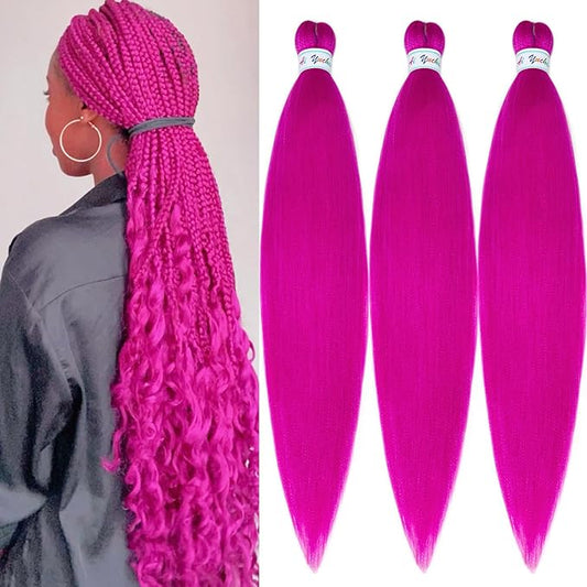 Pink Braiding Hair Extensions For Braids Magenta Pink Braiding Hair Pre Stretched 26 Inch, Hot Water Set Yaki Synthetic Hypoallergenic Pre Stretched Braiding Hair Bundles