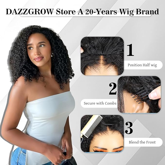 22 Inch Half Wig Human Hair 250% Density Kinky-Curly Glueless Wigs Human Hair Intall Flexible 3 In 1 Half Wig Adjustable String Flip Over Seamless Invisilbe Hairline Beginner Friendly
