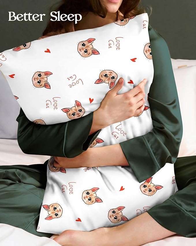 Silk Pillowcase 2 Pack - Cute Pillow Cases 20" x 26" Standard Size Set of 2 for Hair and Skin Smooth Soft Breathable with Hidden Zipper Cooling Pillow Covers for Sleeping, Love Cat
