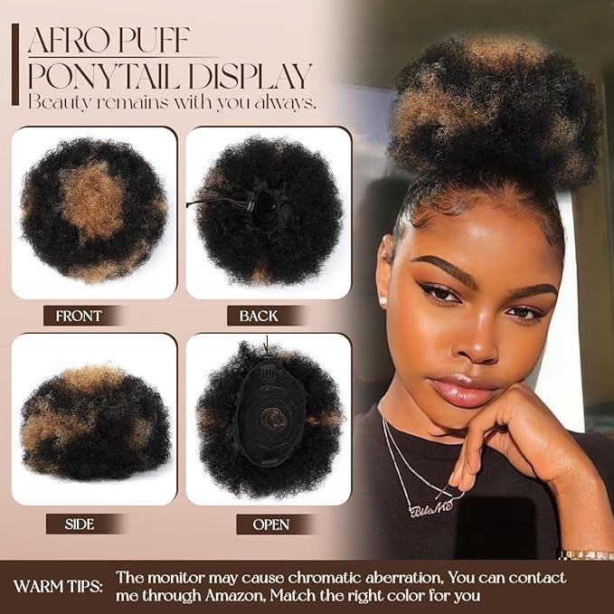 Afro Puff Ponytail for Black Women #H1-30 Black mix Copper Red 100% Human Hair Durable Natural Soft and Smooth Clip On Drawstring Ponytail
