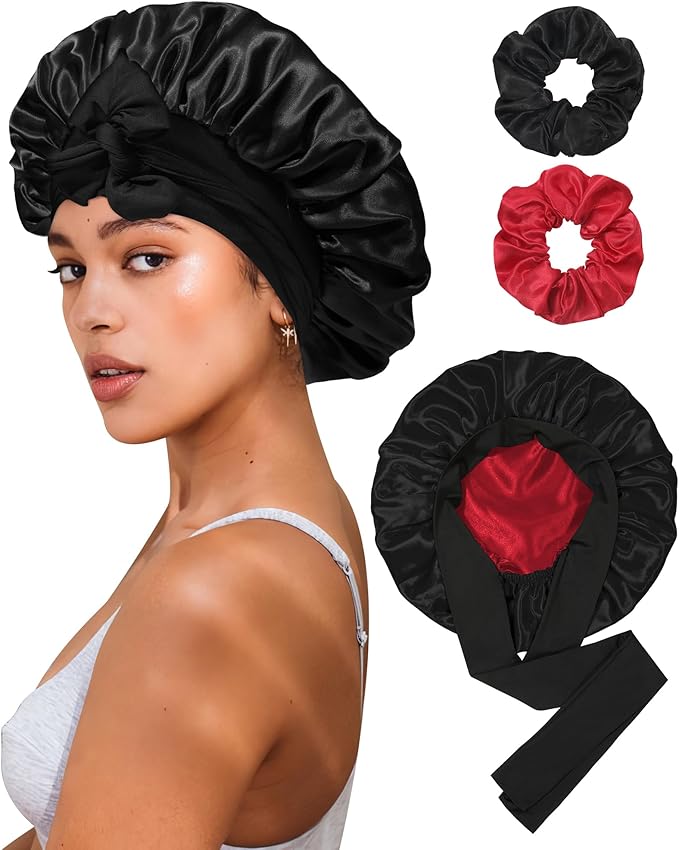 Reversible Satin Bonnet for Sleeping Women Double Layer Hair Bonnet with 2PCS Hair Scrunchies Elastic Tie Band Night Cap