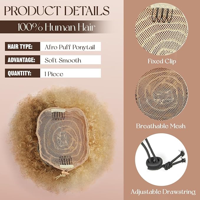 Human Hair Ponytail Kinky Curly #P27-613 Half Honey Blonde Half Bleach Blonde Brazilian Virgin Human Hair Kinky Curly Drawstring Ponytail For Women